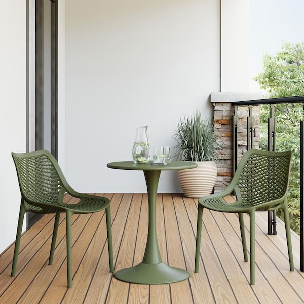 Frond and Form Outdoor Patio Poly Plastic Stacking Curved Dining Side Chair (Set of 2), Olive Green