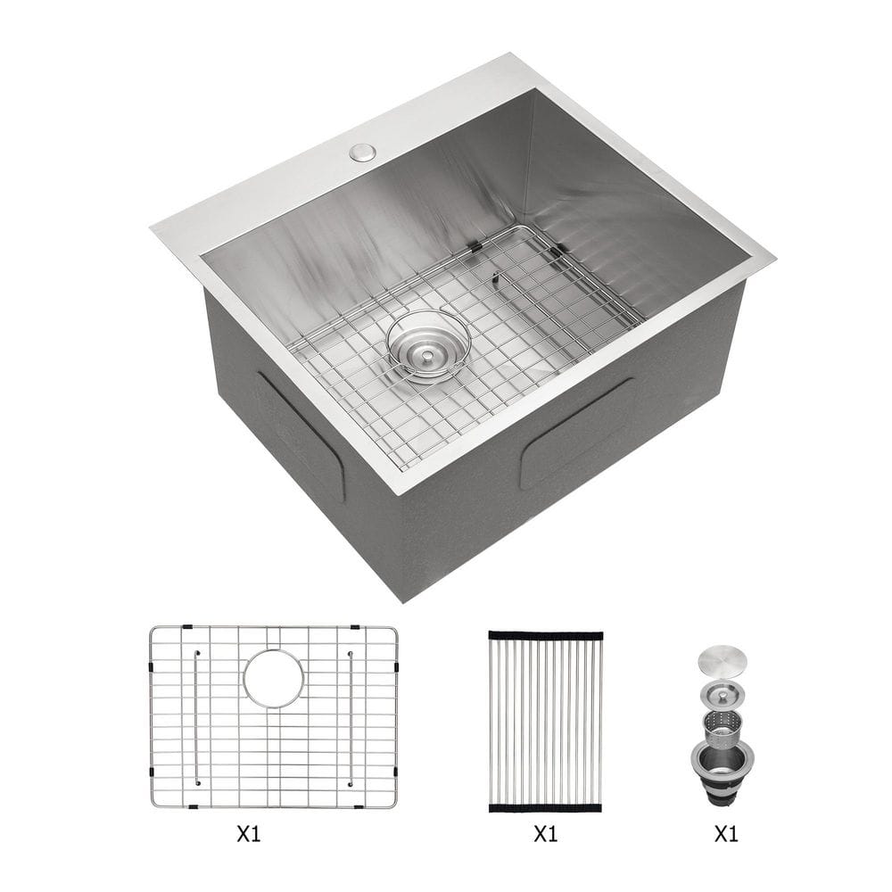 25 in. Drop-In Single Bowl 16 Gauge Brushed Nickel Stainless Steel Kitchen Sink and Basin Rack price history on PriceWatchPro