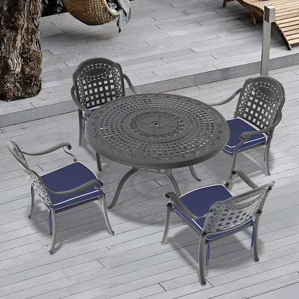 Willit Isabella Black 5-Piece Cast Aluminum Outdoor Dining Set with 47.24 in. Round Table and Blue Seat Cushions