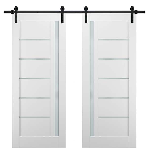Sartodoors 48 in. x 80 in. Lite Frosted Glass White Finished Pine MDF Sliding Barn Door with Hardware Kit