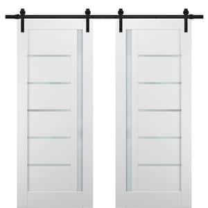 56 in. x 80 in. Lite Frosted Glass White Finished Pine MDF Sliding Barn Door with Hardware Kit