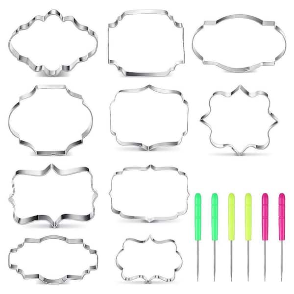 10-Piece Stainless Steel Plaque Frame Cookie Cutter Set with 6 Sugar Stirring Pins for Baking and Cake Decorating