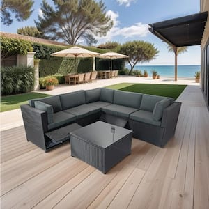Black 6-Piece Wicker Outdoor Sectional Sofa Set with Dark Gray Cushions and 3 Storage Under Seat
