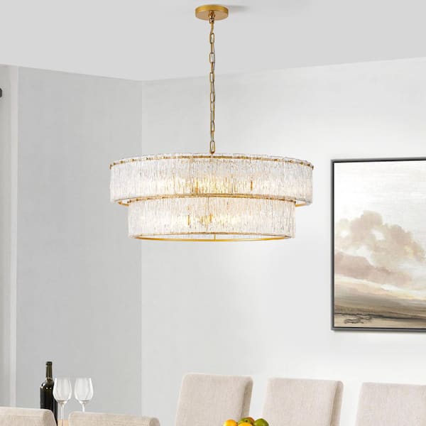 8 Light Painted Gold Chandelier Pendant Light with Glass Plates