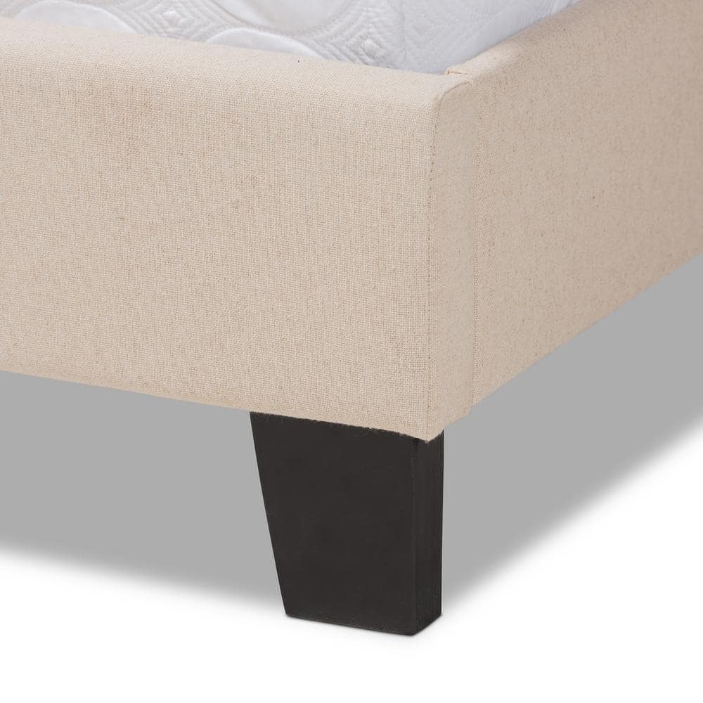 Ramon Full/Double Beige Linen Wood Frame Bed with Nailhead Trim
