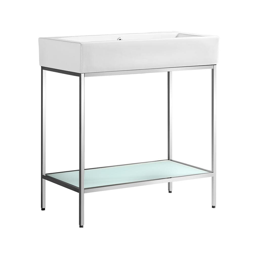 Pierre 32" Chrome Metal Frame Freestanding Bathroom Vanity with White Ceramic Top
