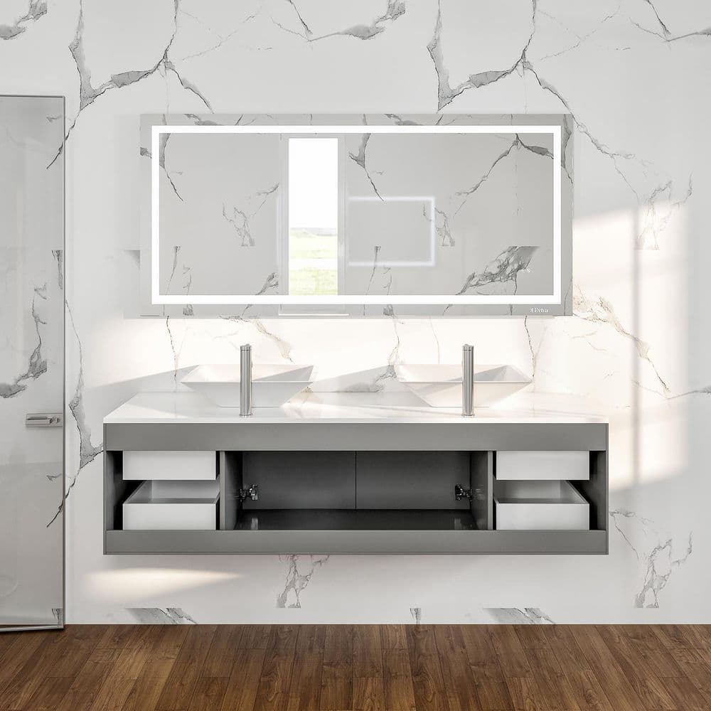 Gray Modern Double Sink Wall-Mount Bathroom Vanity with White Quartz Top