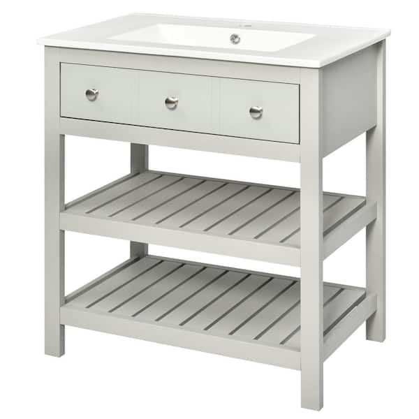 FAMYYT 30 in. W x 18.5 in. D x 33 in. H Single Sink Freestanding Bath Vanity in Gray with White Ceramic Top