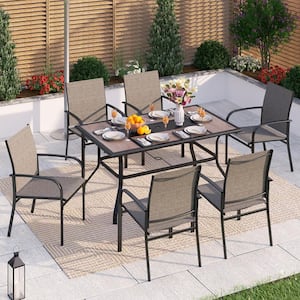 Black 7-Piece Metal Geometric Rectangle Table Outdoor Patio Dining Set with Brown Textilene Chairs