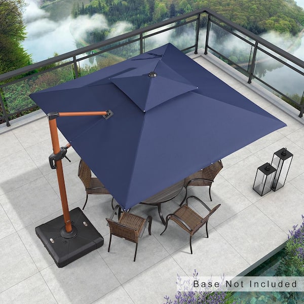 PURPLE LEAF 9 ft. Square All-aluminum 360-Degree Rotation Wood pattern Cantilever Offset Outdoor Patio Umbrella in Navy Blue