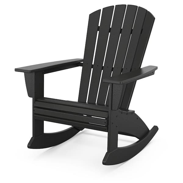 POLYWOOD Nautical Curveback Black HDPE Plastic Adirondack Outdoor Rocking Chair