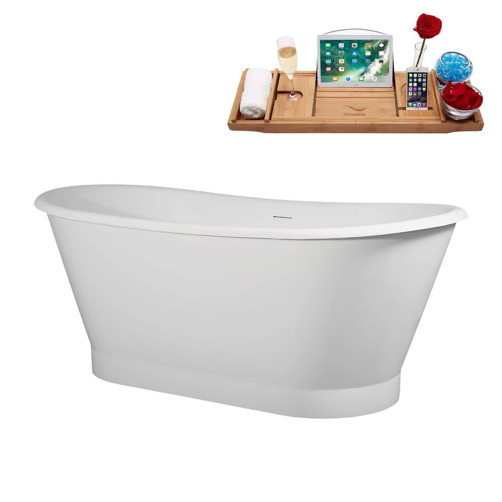 67" Matte White Acrylic Freestanding Soaking Tub with Brushed Nickel Trim