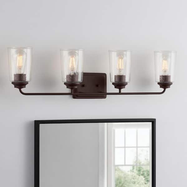 Hampton Bay Evangeline 32-3/8 in. 4-Light Modern Bronze Farmhouse Bathroom Vanity Light with Clear Seeded Glass Shades