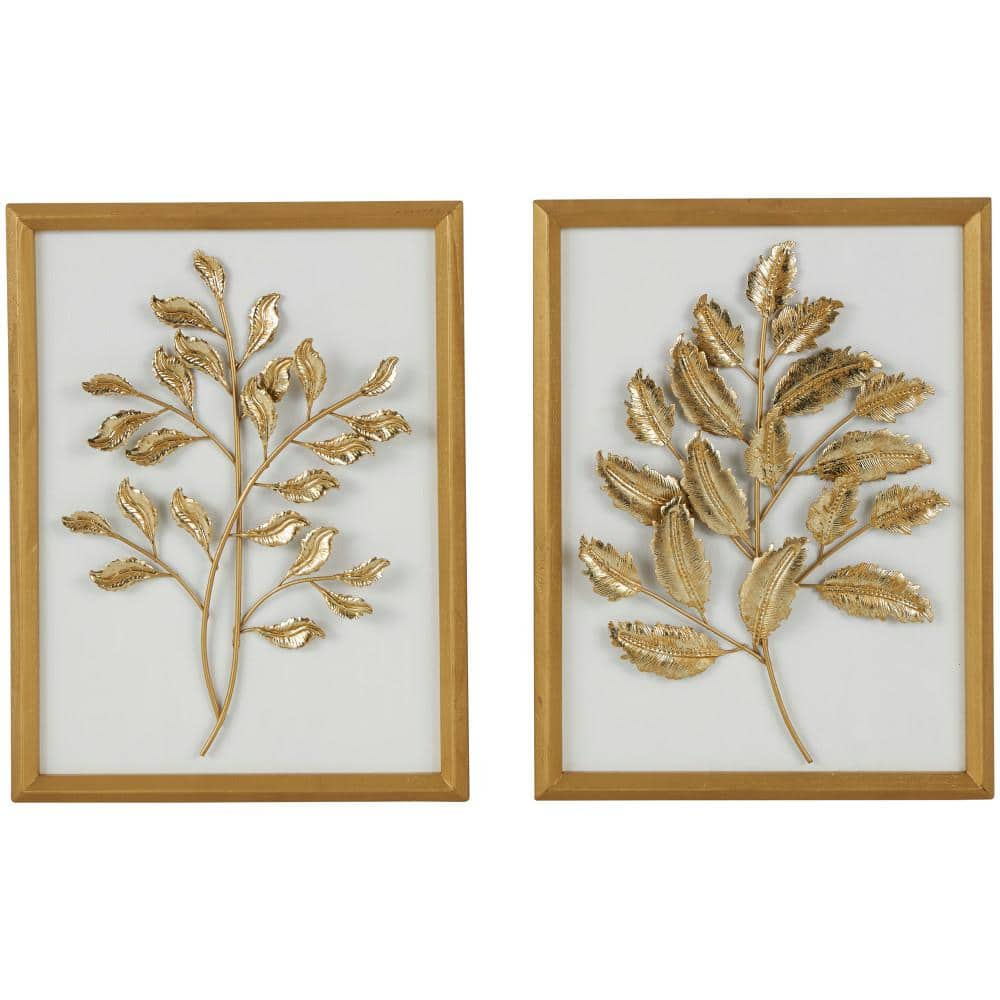 Litton Lane Wood Gold 3D Leaf Wall Decor with Beveled Frame (Set of 2)