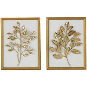 Wood Gold 3D Leaf Wall Decor with Beveled Frame (Set of 2)