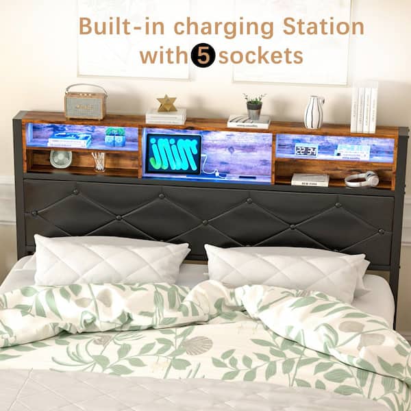 Bed Frame with Headboard, Brown Metal Frame Queen Platform Bed with USB Charging, LED Lights, No Box Spring Needed