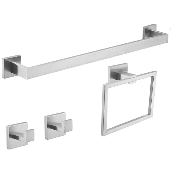 BWE 4-Piece Bath Hardware Set with towel bar for bathroom wall Towel/Robe Hook and Towel Ring Included in Brushed Nickel