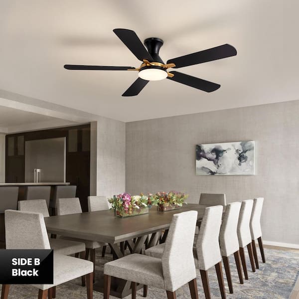 52 in. Indoor Modern Black and Gold Standard Flush Mount Low Profile Ceiling Fan with Integrated LED and Remote