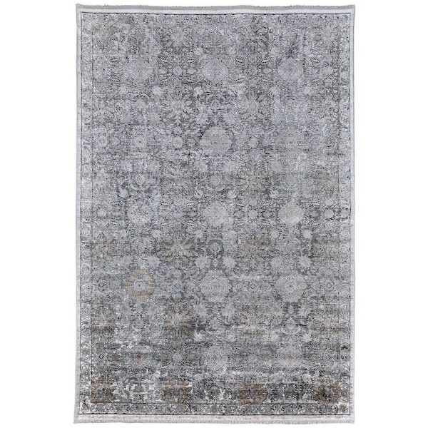 12 ft. x 15 ft. Gray and Silver Damask Power Loom Worn Faded Area Rug