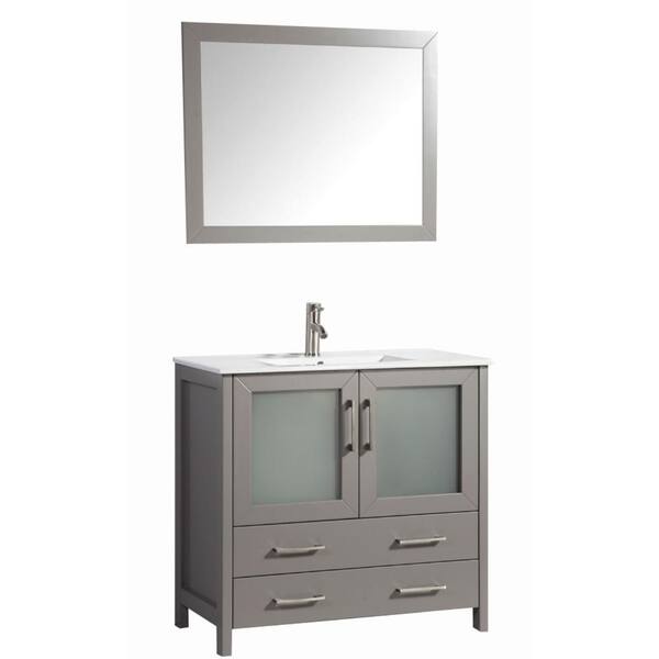 Unbranded 36 in. W x 18 in. D x 34 in. H Vanity in Light Gray with Ceramic Top in White with White Basin and Mirror