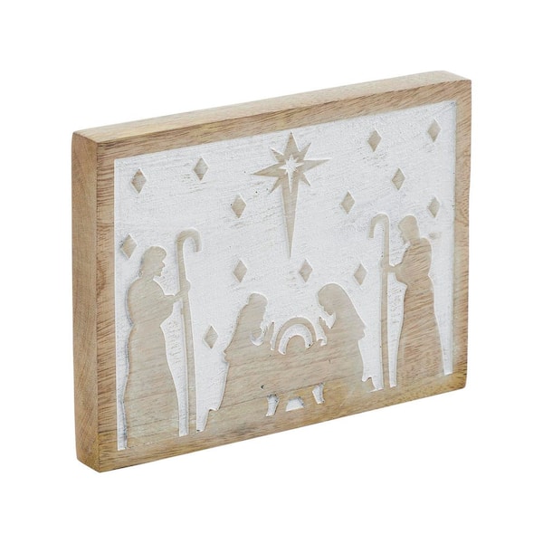 6 in. Natural Wooden Christmas Sign – In A Manger – White Washed
