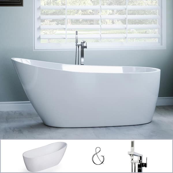 PELHAM & WHITE W-I-D-E Series Wakefield 60 in. Acrylic Slipper Freestanding Tub in White, Floor-Mount Square-Post Faucet in Chrome