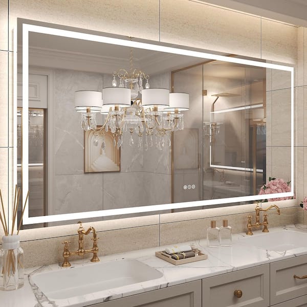 72 in. W x 36 in. H Rectangular Frameless Front and Back Lighted Anti-Fog Wall Bathroom Vanity Mirror, Tempered Glass