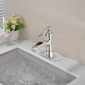 Sleek Stylish Single-Hole Single Handle Bathroom Faucet with Drain Kit Included in Brushed Nickel (Valve Included)
