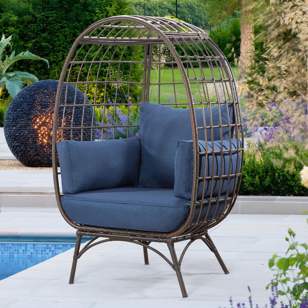Gardenbee Patio Brown Wicker Indoor/Outdoor Egg Lounge Chair with Blue