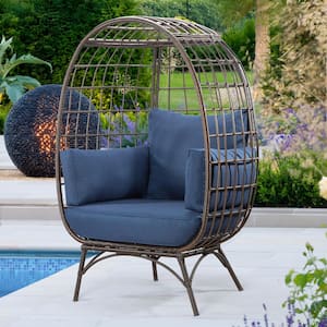 Patio Brown Wicker Indoor/Outdoor Egg Lounge Chair with Blue Cushion