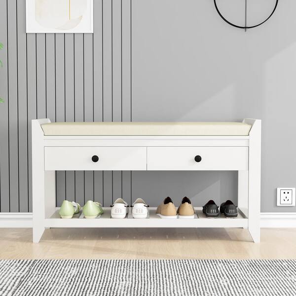 Harper & Bright Designs Entryway Light Wood Storage Bench with Cushioned Seat, Drawers and Shoe Rack 19.8 in. H x 39 in. W x 14 in. D