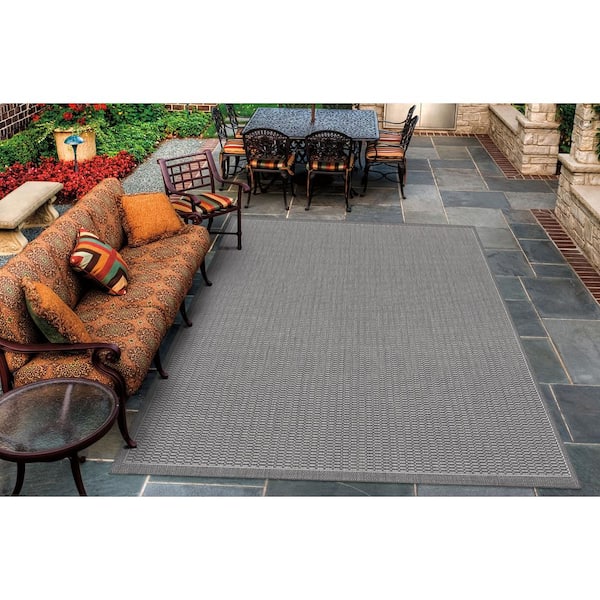 Recife Saddle Stitch 8 ft. x 8 ft. Silver-Ivory Square Solid Indoor/Outdoor Area Rug