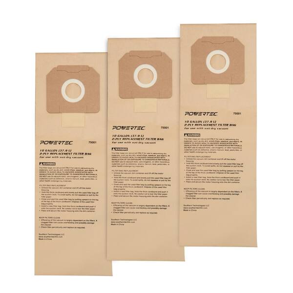 POWERTEC 10 Gal. High Efficiency Filter Bags for D27904 and Porter-Cable 7812 Dust Extractors (3-Pack)