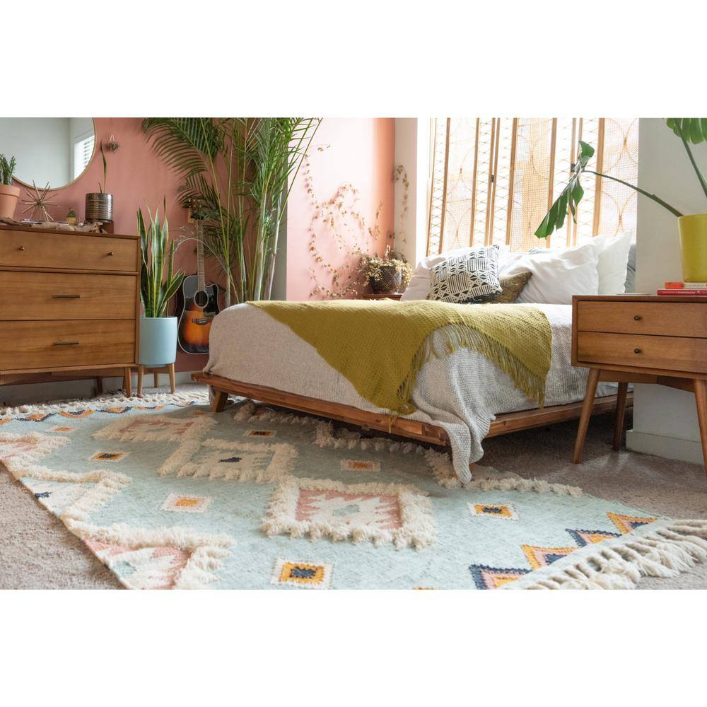 Light Aqua Geometric Hand-knotted Wool Area Rug