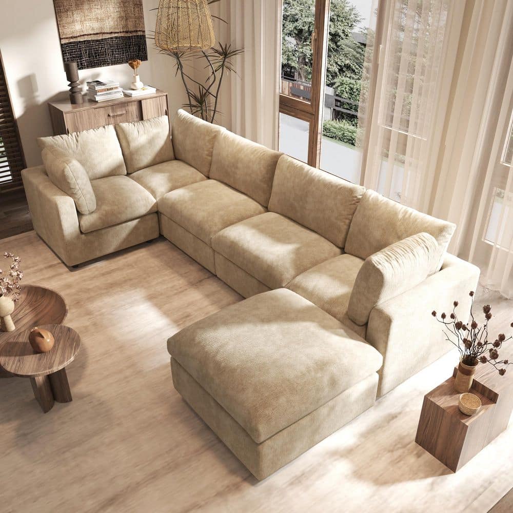 134 in. Square Arm Chenille Modular Free Combination Sofa with Ottoman For Living Room Apartment Couch in Brown