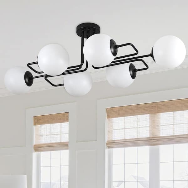 36.6 in. 6-Light Black Sputnik Modern Linear Sputnik Semi-Flush Mount with White Glass Shade