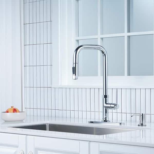 Brass Single Handle Pull Down Sprayer Kitchen Faucet with 2-Mode Advanced Spray and Soap Dispenser in Polished Chrome