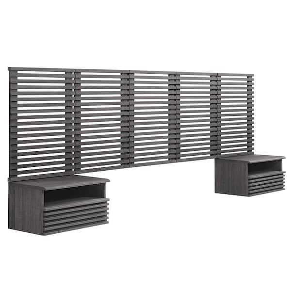 Render Wall Mount Queen Headboard and Modern Nightstands in Charcoal