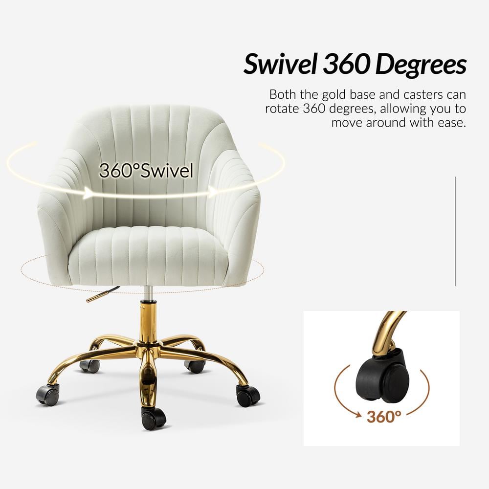 Ivory Velvet Swivel Task Chair with Golden Metal Legs