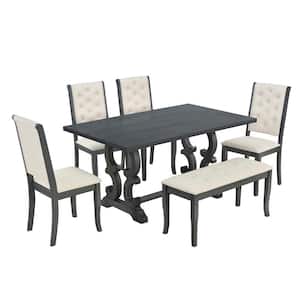 Antique Gray 6-Piece Dining Table with 4 Chairs and 1 Bench