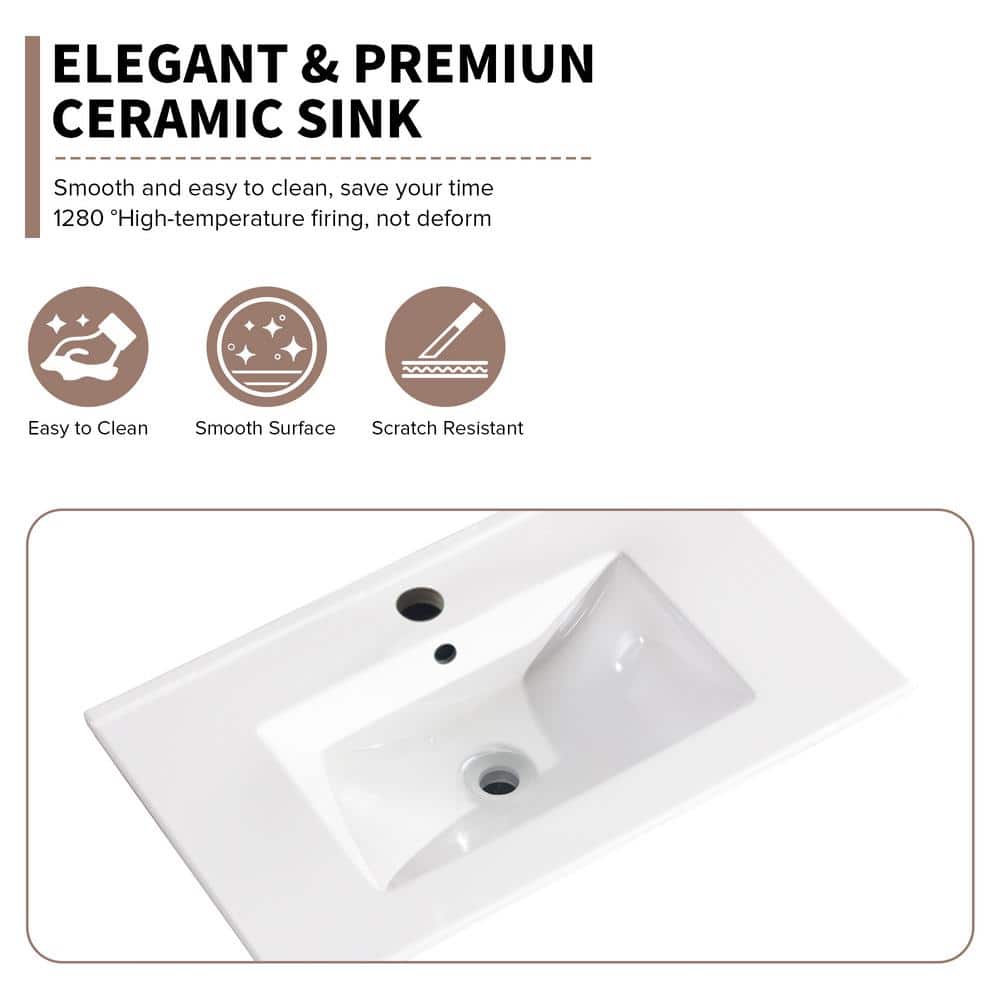 Glossy White Rectangular Ceramic Bathroom Sink Basin, 30 Inch