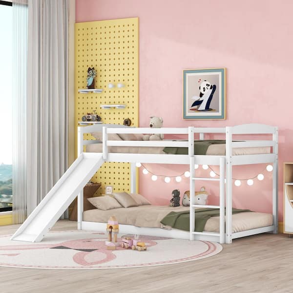 URTR Twin over Twin Low Bunk Bed with Convertible Slide and Ladder, Solid Wood Bunk Bed for Toddlers Kids Boys Girls, White