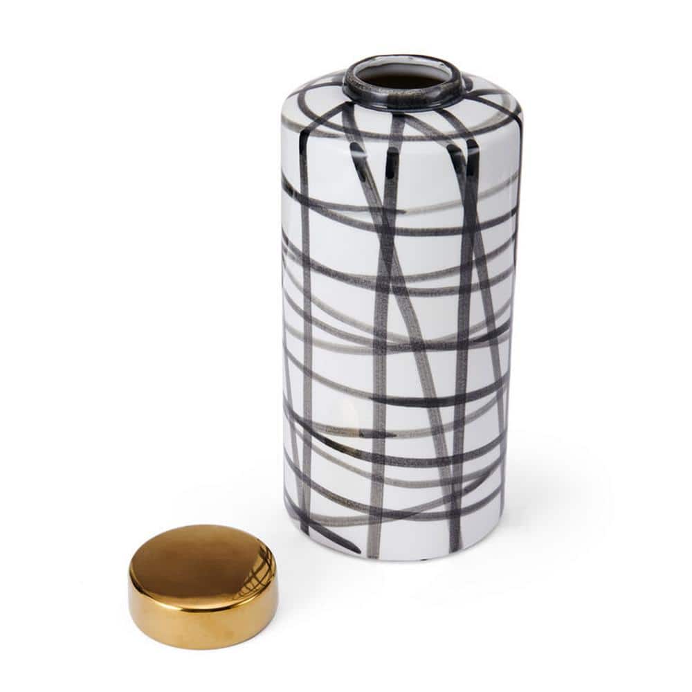 Black and White Scribble Ceramic Jar with Gold Lid