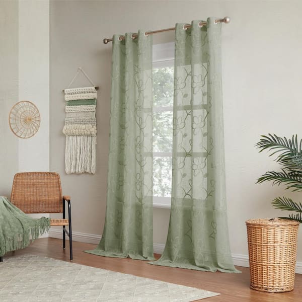 Rita Olive Grommet Polyester Linen Light Filtering Sheer Shades for Windows 2 Panel Set - 38 in. W x 96 in. L
