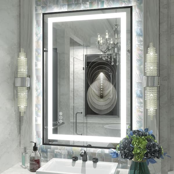 Apmir 24 in. W x 36 in. H Rectangular Framed Front and Back LED Lighted Anti-Fog Wall Bathroom Vanity Mirror in Tempered Glass