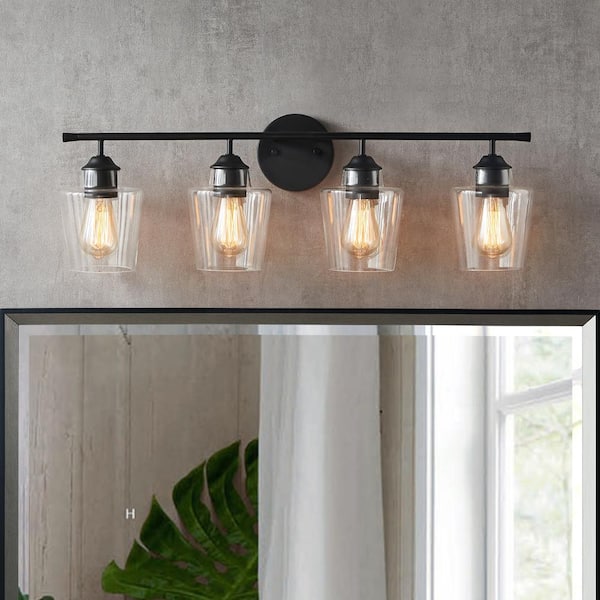 30.25 in. 4-Light Matte Black Vanity Light with Clear Glass Shade