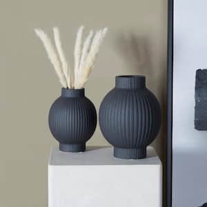 11 in., 9 in. Black Ribbed Ceramic Decorative Vase (Set of 2)