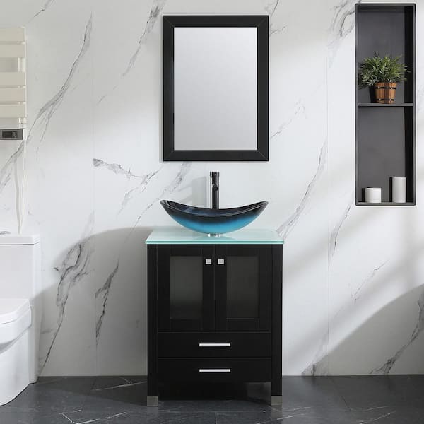 24 in. W x 21.7 in. D x 29.5 in. H Single Sink Bath Vanity in Black with Glass Top and Mirror
