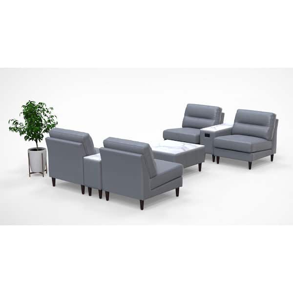 Leather Cushioned High-Back Ergonomic Lobby Armless Chairs in Gray with Integrated Charging Table for 4 persons