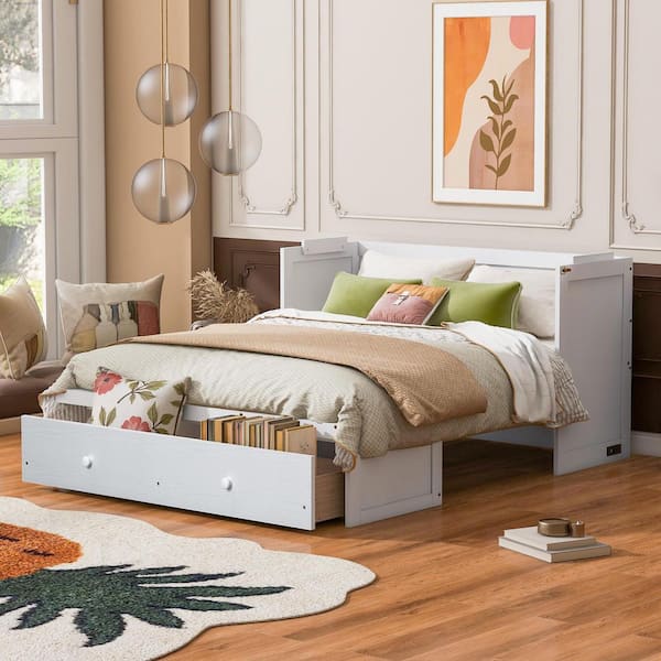 White Wood Frame Queen Size Murphy Bed with USB Port and Drawer